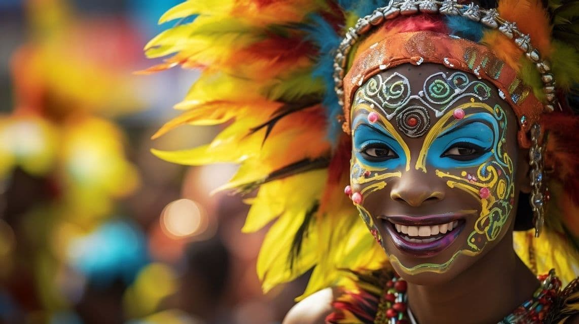 Primo piano di una persona sorridente con una pittura facciale colorata e intricata e un grande copricapo piumato a un festival.