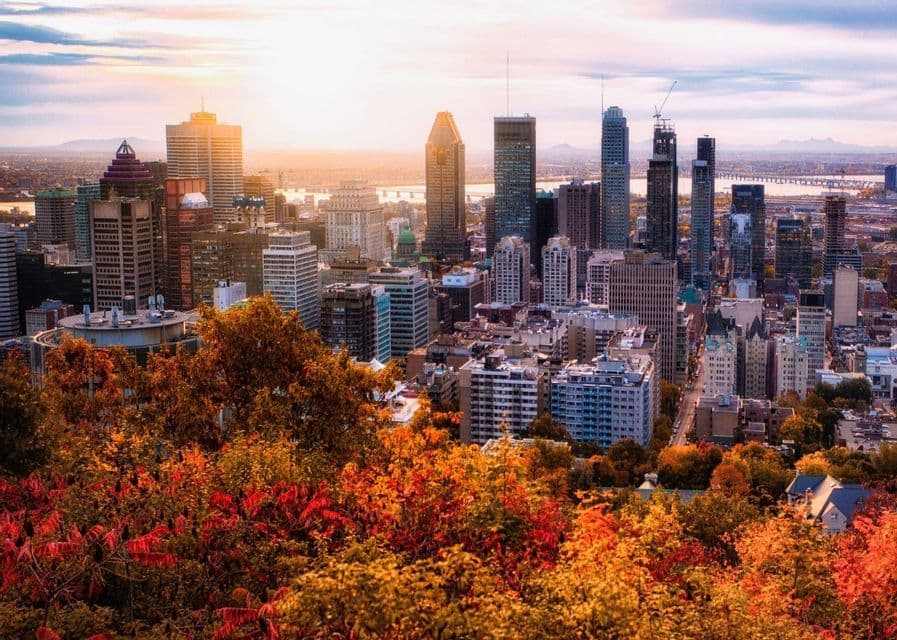 Vista panorámica elevada del horizonte de la ciudad con rascacielos al atardecer, sobre un bosque de vibrantes árboles otoñales rojos y naranjas.