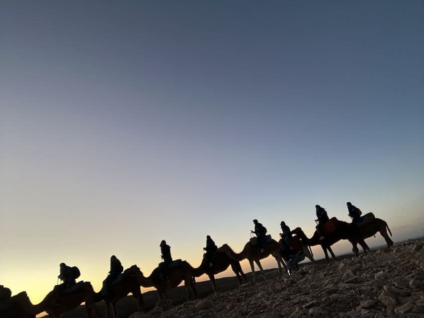 Sagome di un gruppo WeRoad in carovana di cammelli su terreno roccioso al tramonto.