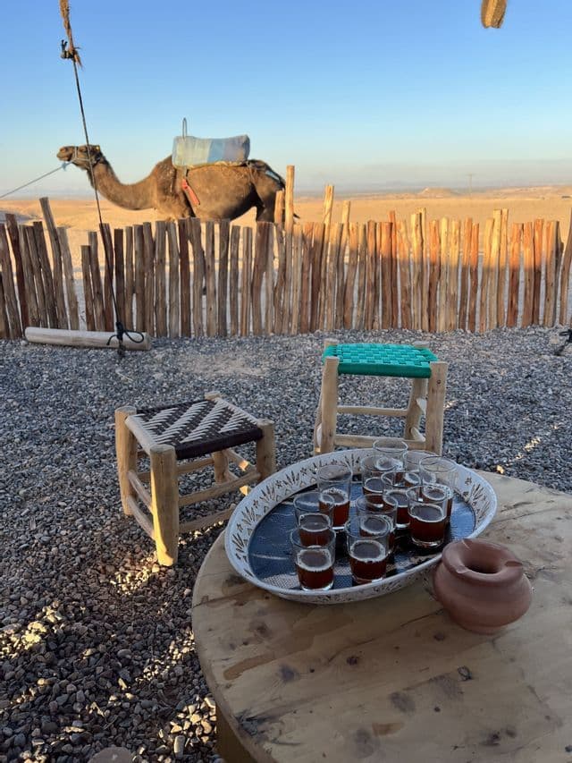 Bicchieri di tè su un vassoio si trovano su un tavolo di legno in un campo nel deserto, con un cammello sellato in piedi dietro una recinzione di legno.