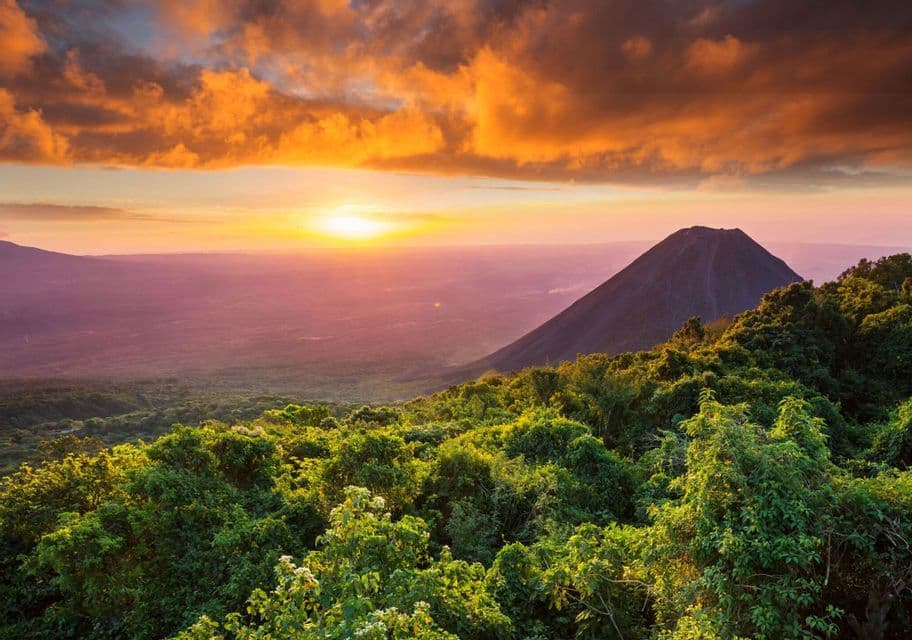 The Izalco volcano at sunset seen from the Santa Ana volcano park