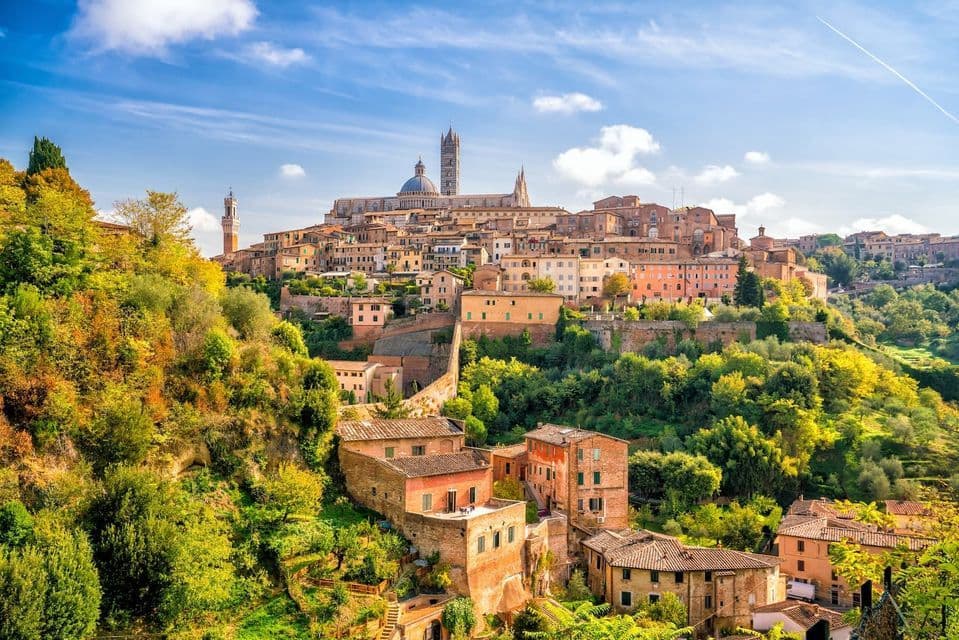 Una città storica con una cattedrale costruita su una lussureggiante collina verde sotto un cielo azzurro con nuvole bianche.