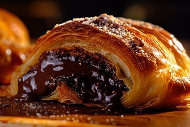 Primer plano de un cruasán hojaldrado cortado por la mitad, con relleno de chocolate negro derretido desbordándose y espolvoreado con azúcar.