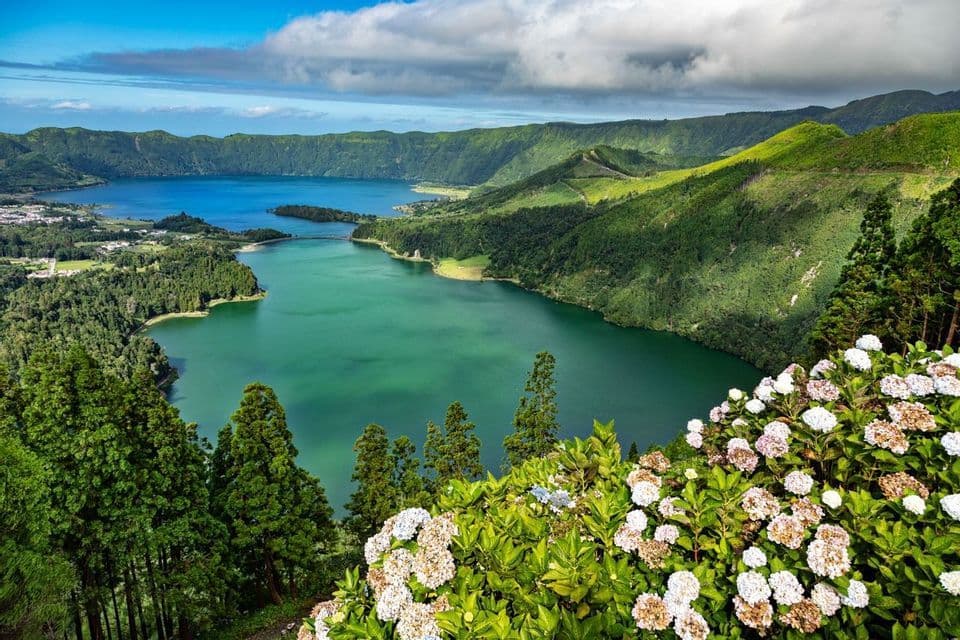 Una vista dall'alto di un grande lago vulcanico circondato da colline verdi, con ortensie bianche in primo piano sotto un cielo nuvoloso.