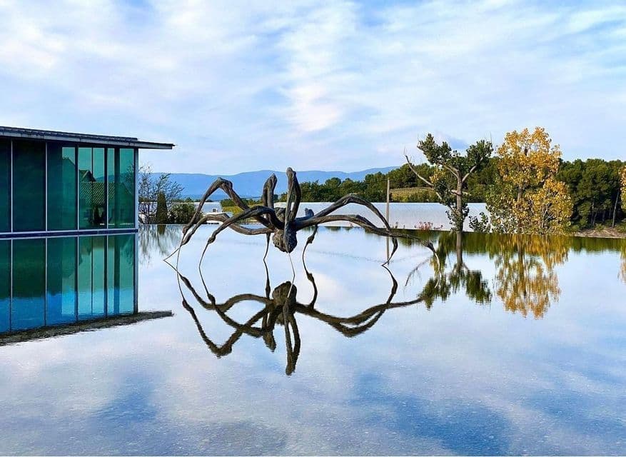Una grande scultura a forma di ragno si erge in una pozza d'acqua poco profonda, riflettendo se stessa e un moderno edificio di vetro.