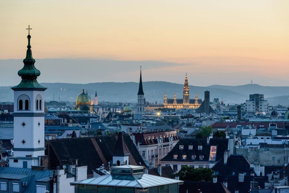 The rooftops and church domes of Vienna at dawn.