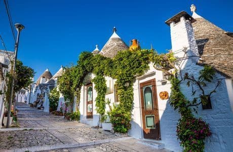 Whitewashed buildings with conical stone roofs and green vines line a cobblestone street under a clear blue sky.