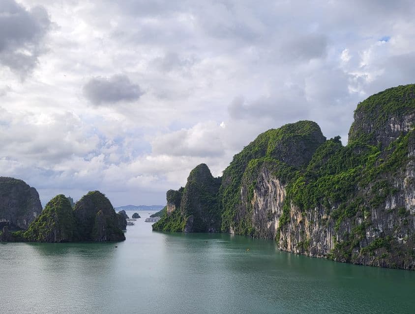 Grandes karsts de piedra caliza cubiertos de vegetación verde emergen de aguas tranquilas y verdes bajo un cielo nublado.