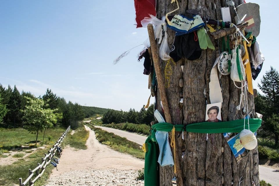 Un poste de madera decorado con ofrendas como fotos y telas, con vistas a una bifurcación en un camino a través de un bosque verde.
