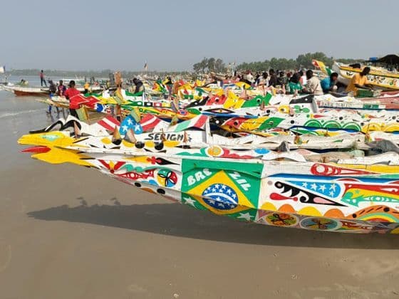 Una flota de barcos de pesca de madera intrincadamente pintados descansando en una playa de arena con gente reunida al fondo.