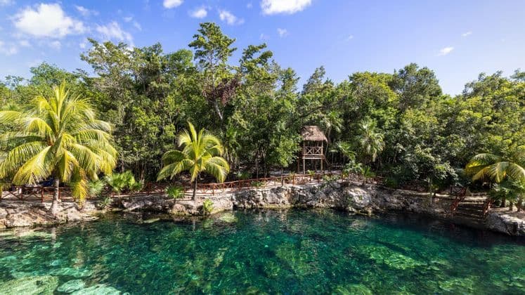 Un cenote limpido color turchese delimitato da una lussureggiante giungla tropicale con una torre di avvistamento in legno sotto un cielo parzialmente nuvoloso.