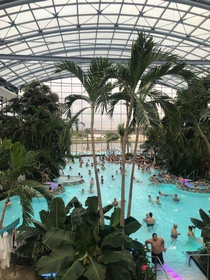 Vue plongeante de nombreuses personnes se relaxant dans une grande piscine intérieure avec des palmiers sous une verrière arquée.