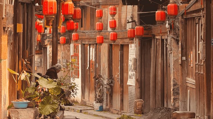 Lanterne rosse pendono su un vicolo stretto con edifici tradizionali in legno, mentre una persona anziana siede accanto a piante in vaso.