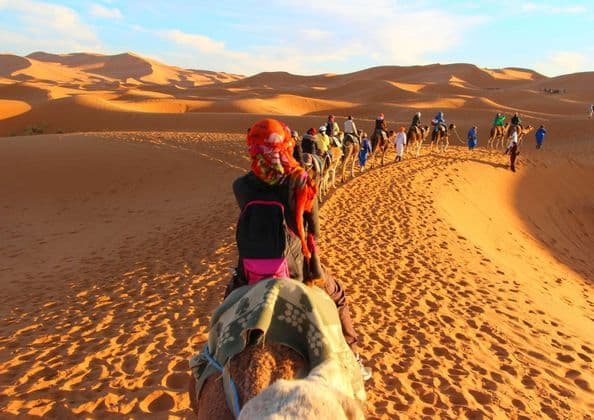 Una persona vista de espaldas monta en camello, parte de una caravana de viaje en grupo de WeRoad que cruza dunas de arena del desierto.