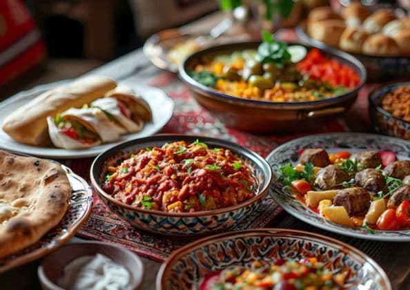 Una vista de cerca de una mesa con varios platos en cuencos ornamentados, incluyendo un guiso rojo, pan plano y albóndigas.