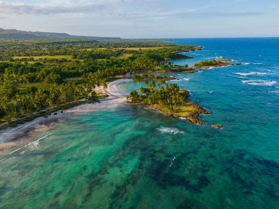Aerial view of a secluded tropical beach with white sand, turquoise water, and a coastline lined with palm trees.