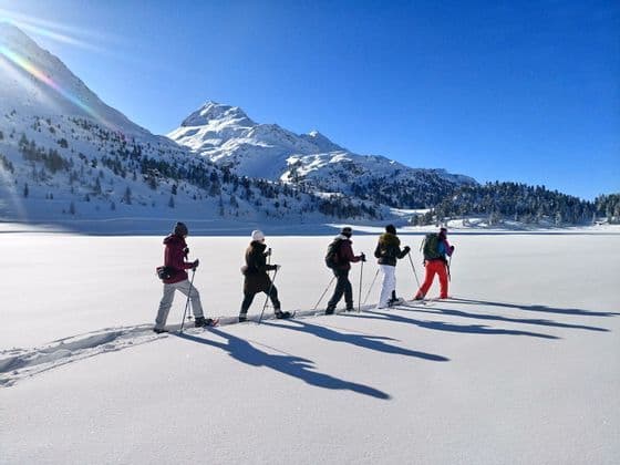 Un viaje en grupo de WeRoad con personas con raquetas de nieve en fila por un paisaje nevado con montañas al fondo