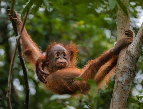 Un orangután joven con pelaje marrón rojizo cuelga entre las ramas de los árboles en una exuberante jungla verde.