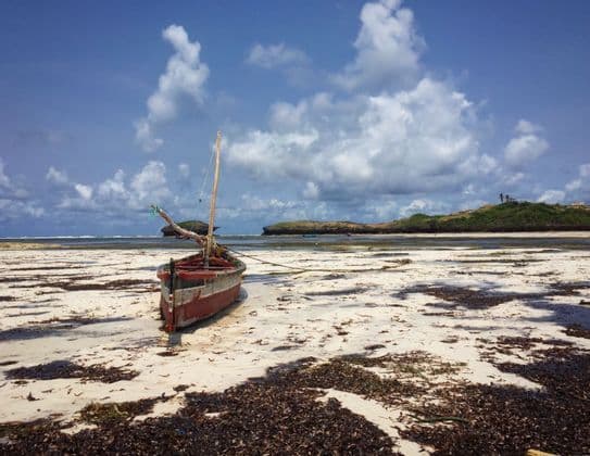 A traditional wooden boat rests on a white sand beach covered with dark seaweed at low tide.