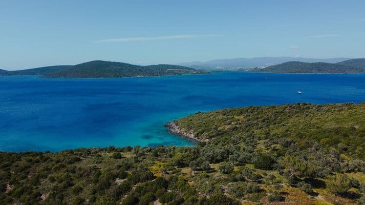 Una vista aerea di una costa verde e collinare che incontra un mare blu vibrante sotto un cielo sereno, con montagne lontane all'orizzonte.