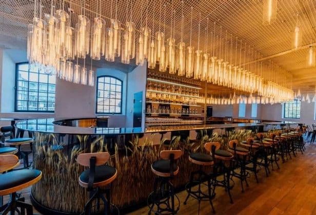 El interior de un bar moderno y vacío con una barra curva decorada con espigas de trigo y numerosas luces de tubo de cristal colgantes.