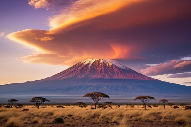 Une montagne enneigée domine une savane parsemée d'acacias, sous un ciel spectaculaire de nuages oranges et violets au coucher du soleil.