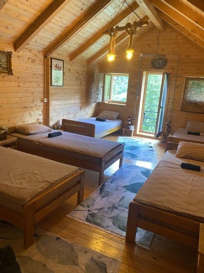 Interno di un dormitorio rustico con pannelli in legno, diversi letti singoli, pavimenti in legno e tappeti a fantasia foglia.