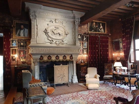 Une chambre opulente et historique, dotée d'une grande cheminée en pierre ornée, de meubles anciens et de murs couverts de portraits encadrés.