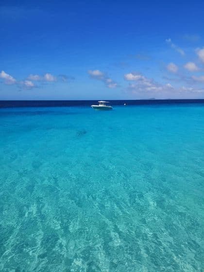 Un motoscafo bianco galleggia su acqua calma, trasparente e turchese con il mare blu profondo all'orizzonte sotto un cielo blu.