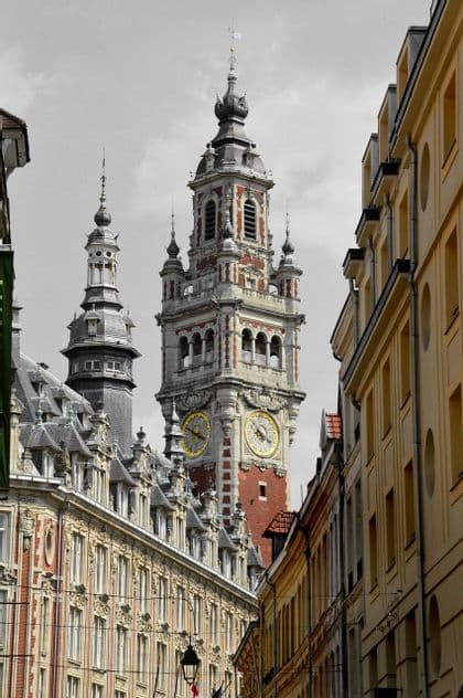 Une tour horloge ornée en briques rouges avec des cadrans dorés s'élève au-dessus d'une rue étroite bordée de bâtiments historiques, sur fond de ciel en noir et blanc.