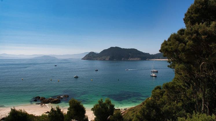 Una vista aérea de una bahía soleada con agua turquesa, una pequeña playa de arena y varios barcos navegando cerca de una isla boscosa.