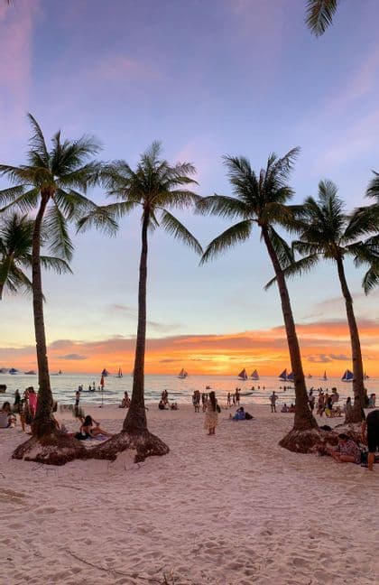Hohe Palmen stehen an einem Sandstrand mit vielen Menschen und Segelbooten auf dem Meer bei Sonnenuntergang.