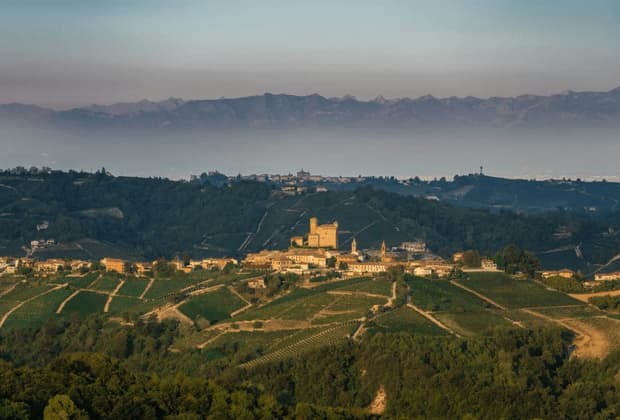 Una vista aerea di un borgo con un castello in cima a una collina, circondato da verdi vigneti e con una catena montuosa sullo sfondo.