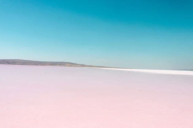 Une vaste étendue de sel rose sous un ciel turquoise clair, avec de basses collines visibles à l'horizon.