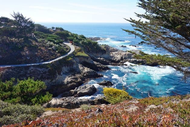 Un camino sinuoso recorre una costa escarpada con orillas rocosas, agua turquesa y exuberantes árboles verdes bajo un cielo despejado.