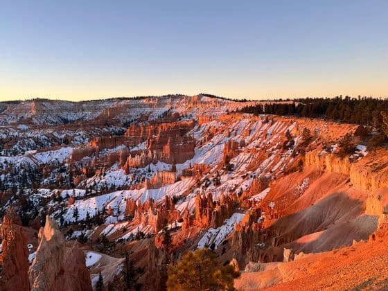 Hoodoos di roccia rossa innevati in un canyon sono illuminati dalla calda luce dell'alba sotto un cielo limpido.