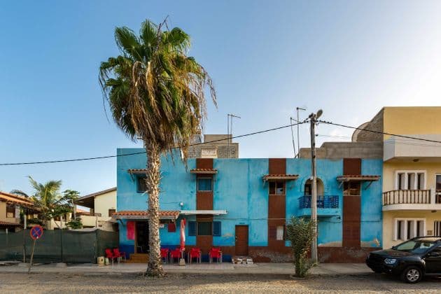Un grand palmier se dresse dans une rue pavée devant un bâtiment bleu avec des rayures marron et des sièges extérieurs rouges.