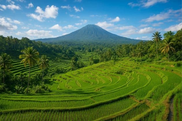 Üppig grüne Reisterrassen kaskadieren einen palmengesäumten Hügel hinab, im Hintergrund ein großer Berg unter blauem Himmel mit weißen Wolken.