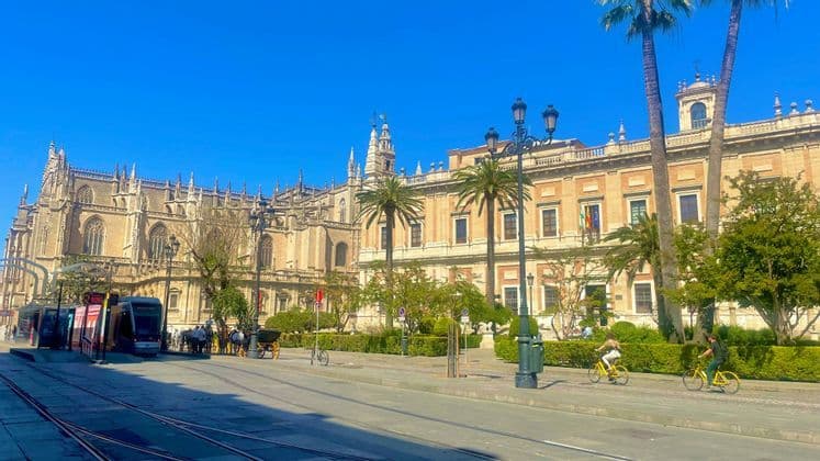 Una grande cattedrale riccamente decorata e un edificio storico fiancheggiano una via cittadina soleggiata, con un tram, palme e ciclisti.