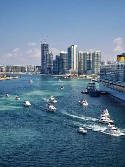 Zahlreiche weiße Yachten segeln auf türkisfarbenem Wasser in einem Hafen neben einem großen Kreuzfahrtschiff, mit einer modernen Stadtsilhouette im Hintergrund.