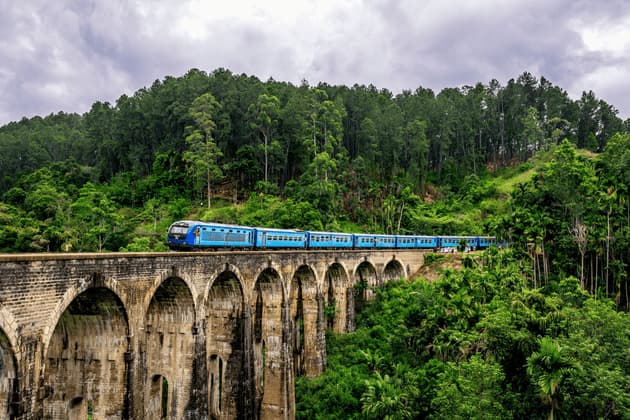 Un train de passagers bleu traverse un grand pont de pierre à arches multiples, entouré d'une forêt verte luxuriante et dense, sous un ciel nuageux.