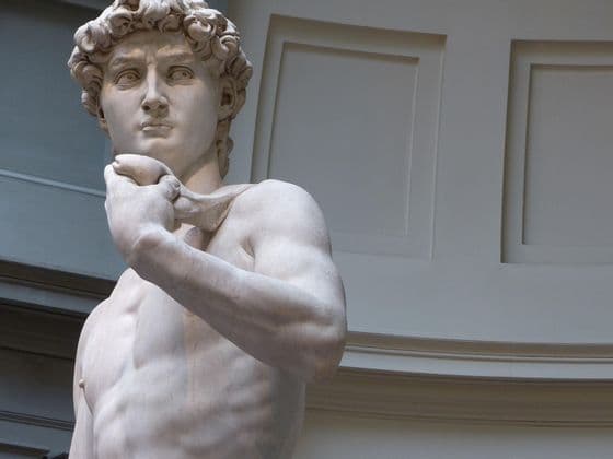 Primer plano de la cabeza y el torso de la estatua de David de mármol blanco de Miguel Ángel sobre un fondo de pared interior lisa.