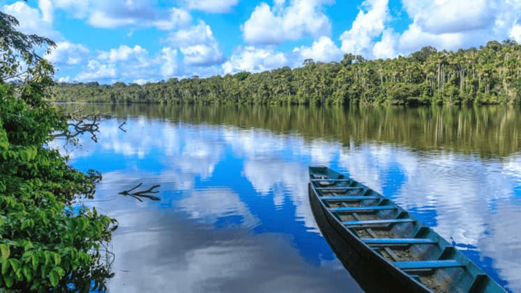 A wooden boat floats on a calm river that reflects the blue sky and clouds, with a dense green forest in the background.