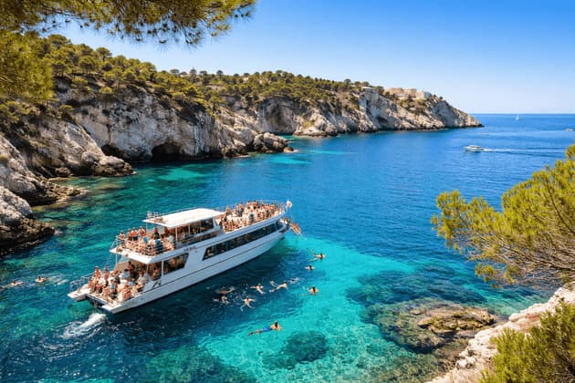 Un viaggio di gruppo WeRoad in barca ancorata in una caletta turchese, con persone che nuotano nell'acqua cristallina vicino a scogliere rocciose.