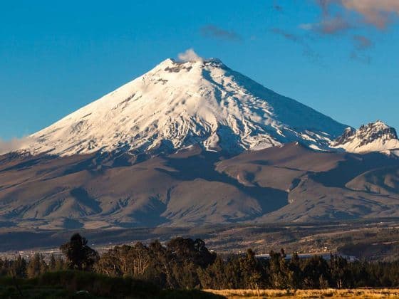 Un grande vulcano innevato emette un pennacchio di fumo dalla sua cima, dominando un paesaggio di colline e alberi sotto un cielo azzurro e limpido.