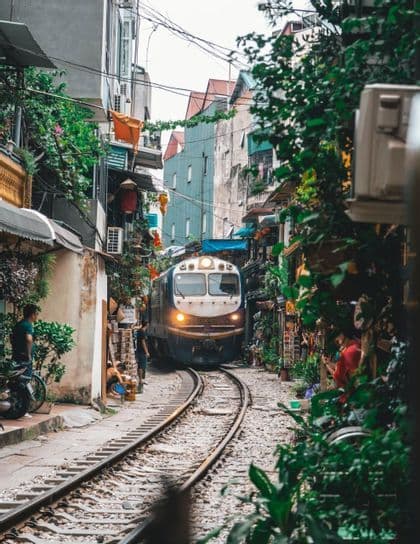 Ein Zug mit eingeschaltetem Scheinwerfer fährt auf Gleisen durch eine schmale Wohnstraße, die von Gebäuden und üppigem Grün gesäumt ist.