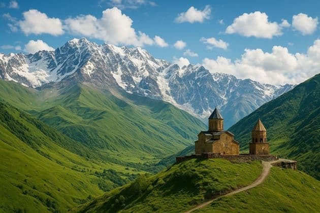 Une église en pierre et un clocher se dressent sur une colline verdoyante, dominant une vallée avec des montagnes enneigées en arrière-plan.