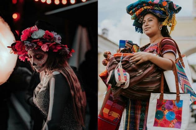 Ein Diptychon, das eine Frau mit Tag der Toten Totenkopf-Make-up und eine weitere Frau in traditioneller Kleidung mit bunten Textilien zeigt.