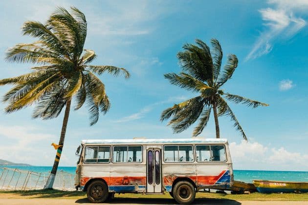 Un vecchio autobus parcheggiato su una strada accanto a una spiaggia tropicale, con due grandi palme che ondeggiano contro un cielo blu.