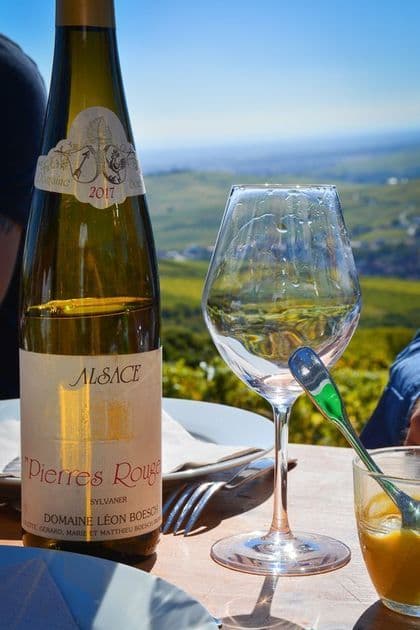 Una bottiglia di vino bianco e un bicchiere di vino su un tavolo all'aperto affacciato su un paesaggio vitivinicolo soleggiato.